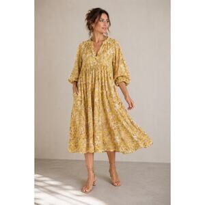 Sundry Anthropologie Floral 3/4 Sleeve Midi Dress Yellow Size 2